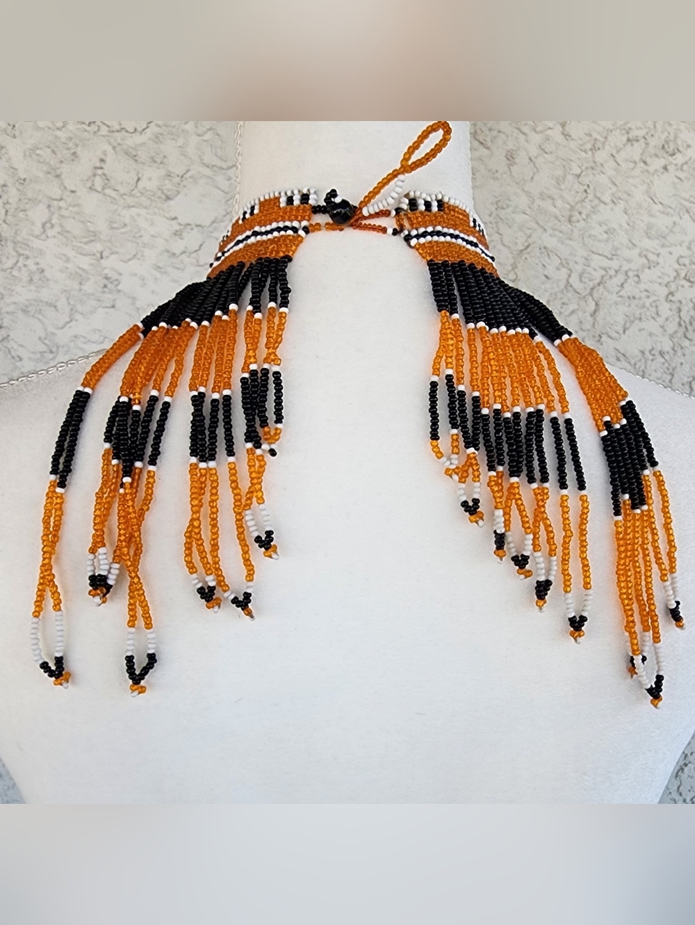 Vintage African Zulu Beaded Fringe Statement Necklace - Orange, Black & White - Picture 3 of 3
